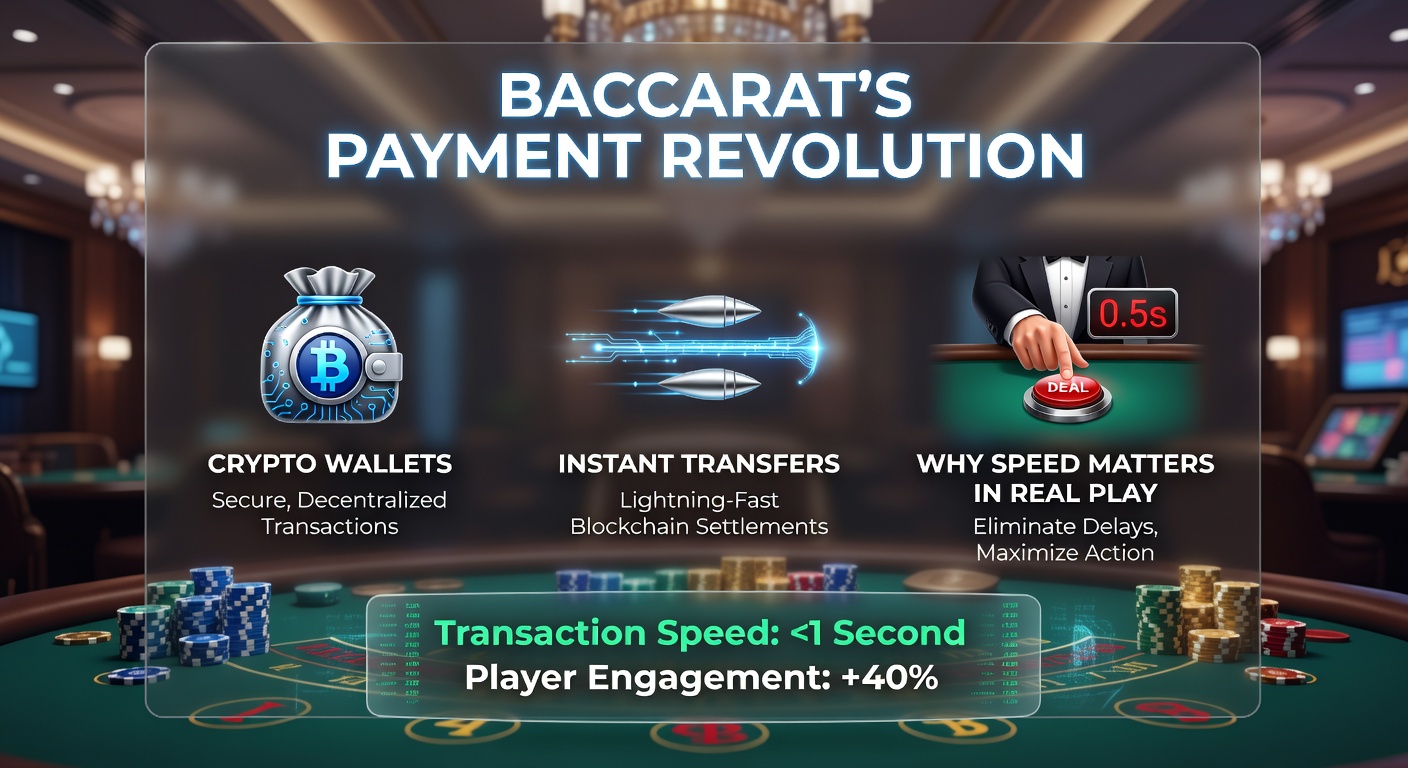 Grafik mit Blitz-Symbolen für Instant-Transfers und Crypto-Icons über einem Live-Baccarat-Stream, illustriert ultraschnelle Zahlungen in Echtzeitspielen