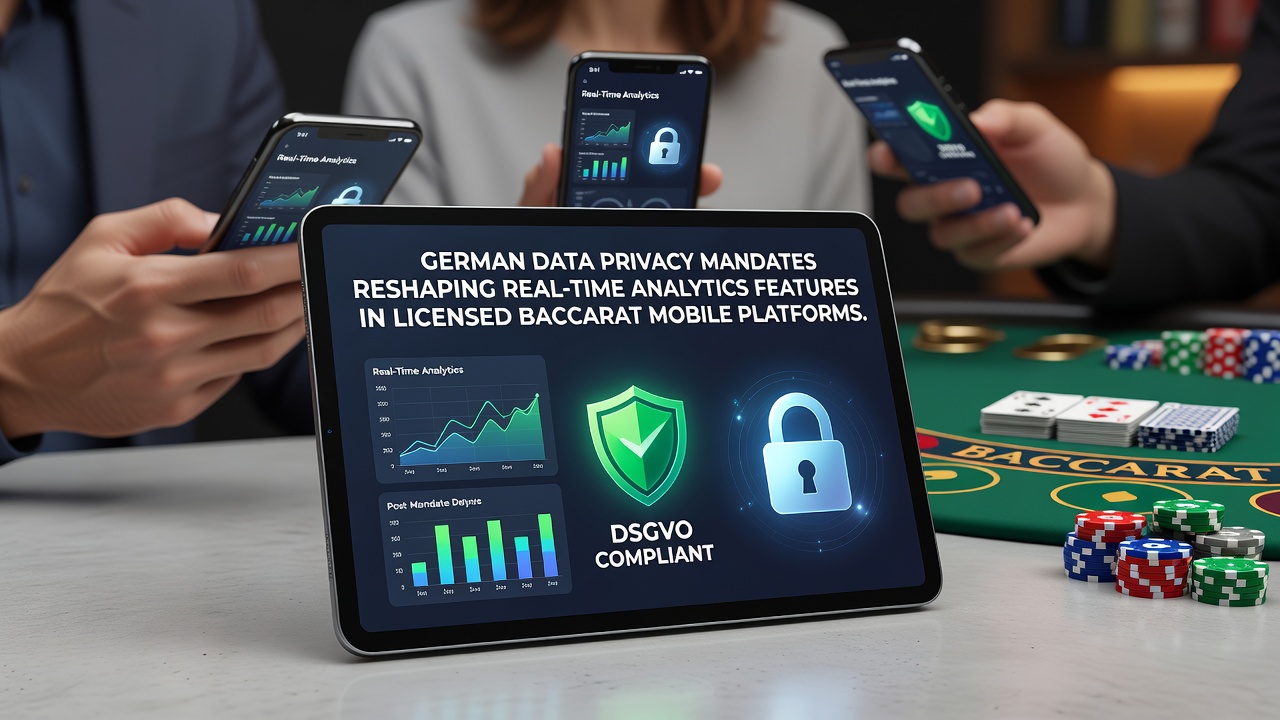 Illustration showing data privacy shields protecting analytics dashboards on German licensed baccarat mobile apps
