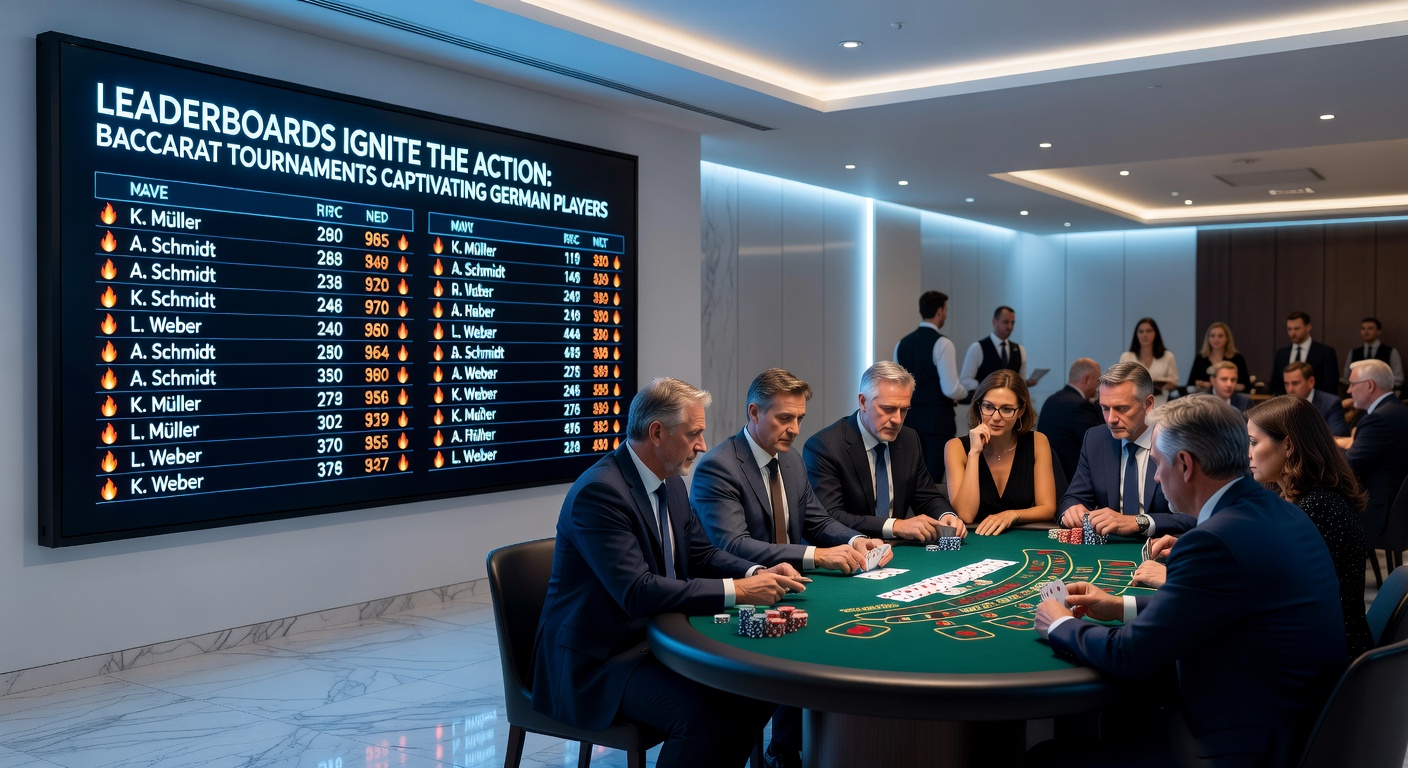 Spieler am Smartphone, das ein Baccarat-Turnier-Leaderboard zeigt, mit Live-Updates und Preisen im Hintergrund einer pulsierenden Casino-Umgebung