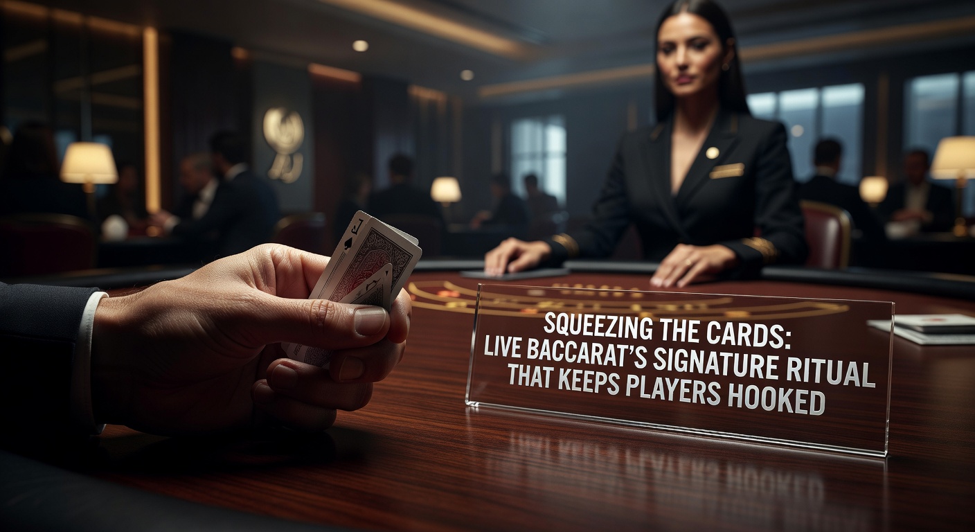Ein Spieler in einem Live-Baccarat-Spiel quetscht langsam die Ecken einer Karte, während der Dealer zusieht und die Spannung steigt