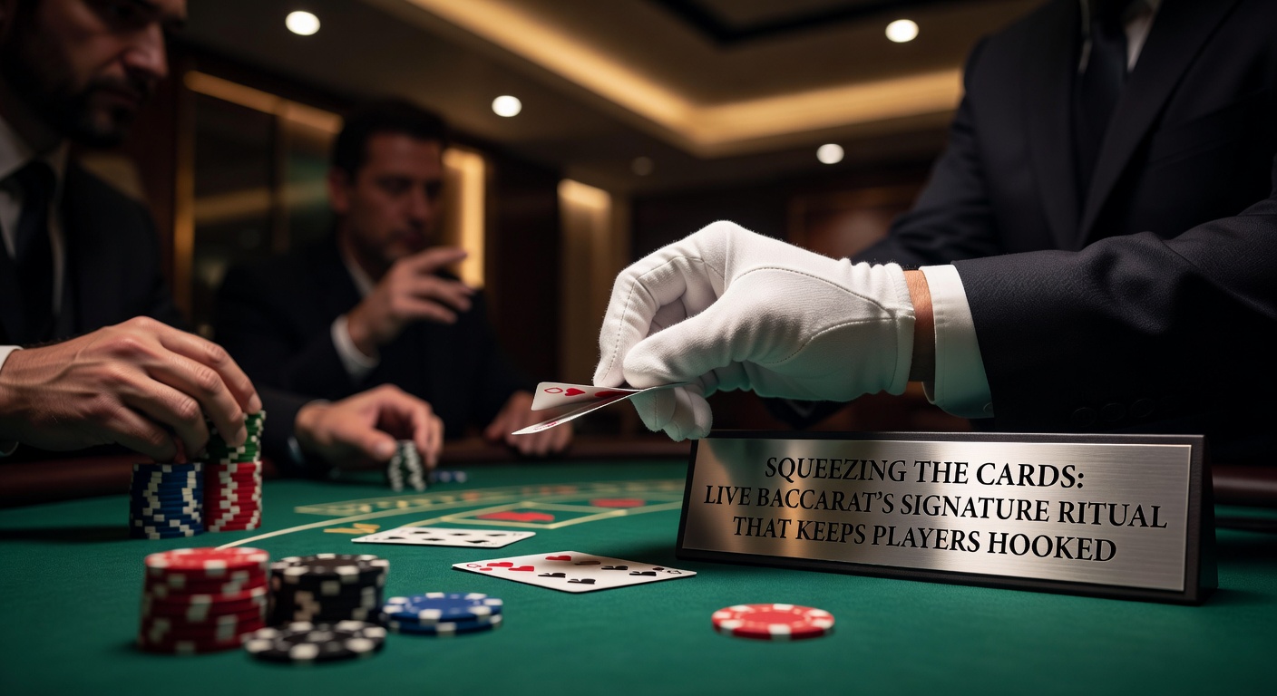 Nahaufnahme einer gequetschten Baccarat-Karte, bei der die 9 von Pik sichtbar wird, mit angespannten Spielern im Hintergrund